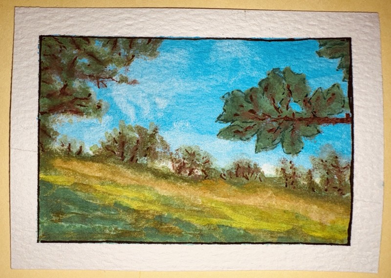 ACEO Watercolor By Heike, Green Fields