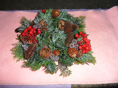 Vintage Plastic Flocked Red Candle ring with Real Pine cones