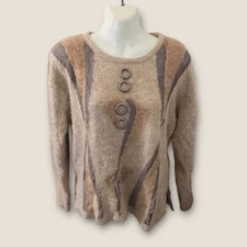 Vintage 80s-90s Jaguar Angora Blend Geometric Sweater w/ Button Accents Tan L