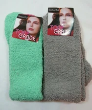2 Pack Slipper Fuzzy Striped Knee High Socks Womens 9-11 Gray Teal Soft Cozy Y