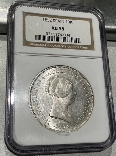 1852 Spain 20 Reales Silver Coin NGC AU58