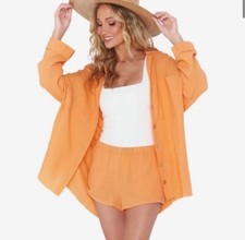 Show Me Your Mumu Orange Button Down Cotton Small Oversized Beach Pool Tunic W21