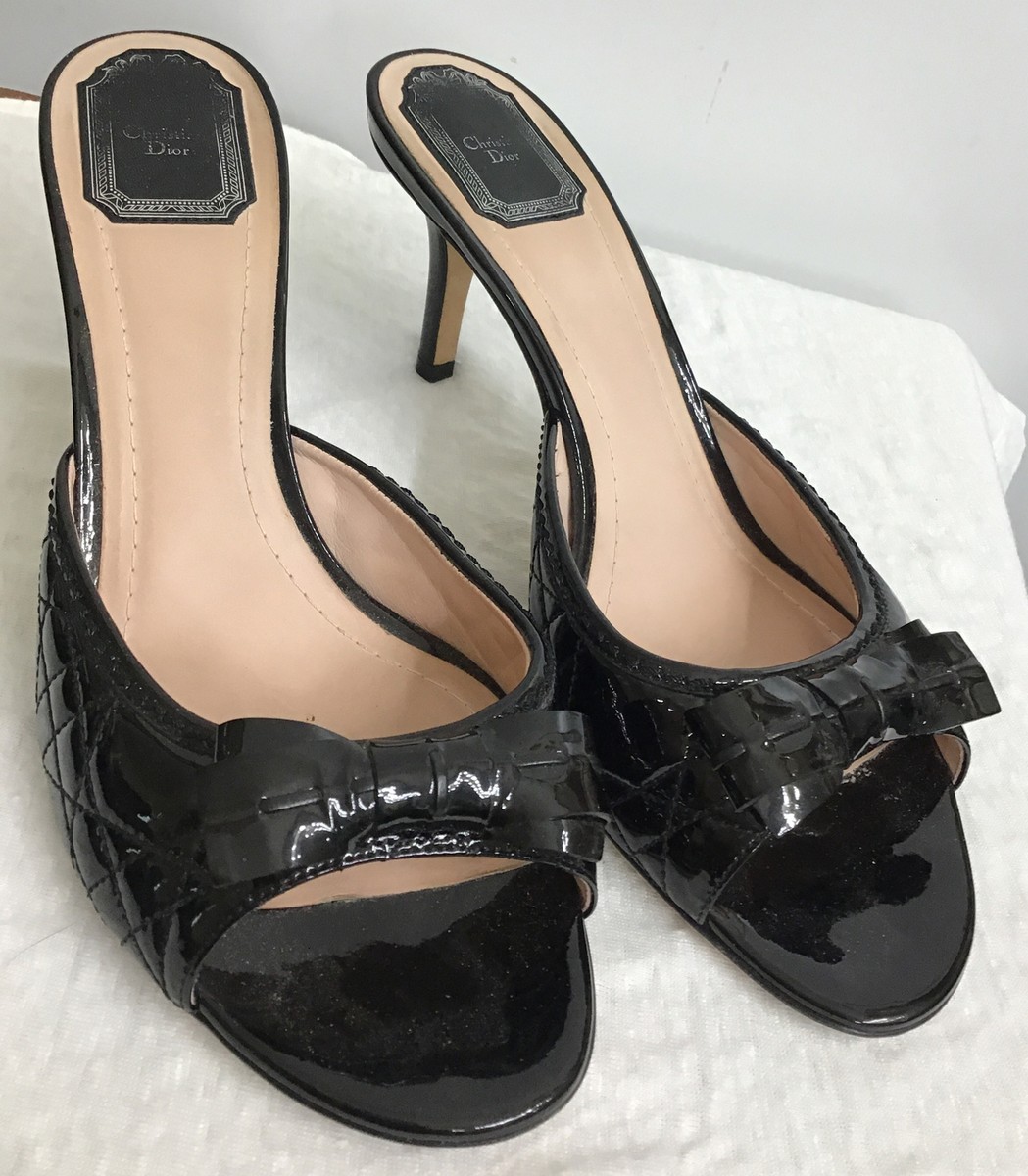 Christian Dior Slide Black Patent Leather Open Toe Bow Top