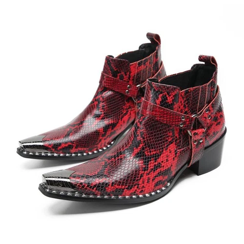 Men High Heel Rivets Snakeskin Pattern Serpentine Leather Metal Toe Ankle Boots - Picture 7 of 22