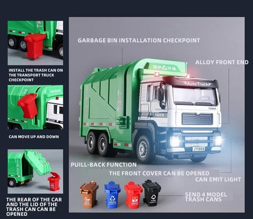 New Gift Garbage Truck Toys Metal Diecast Friction Powered with Light and Sounds - Picture 10 of 14