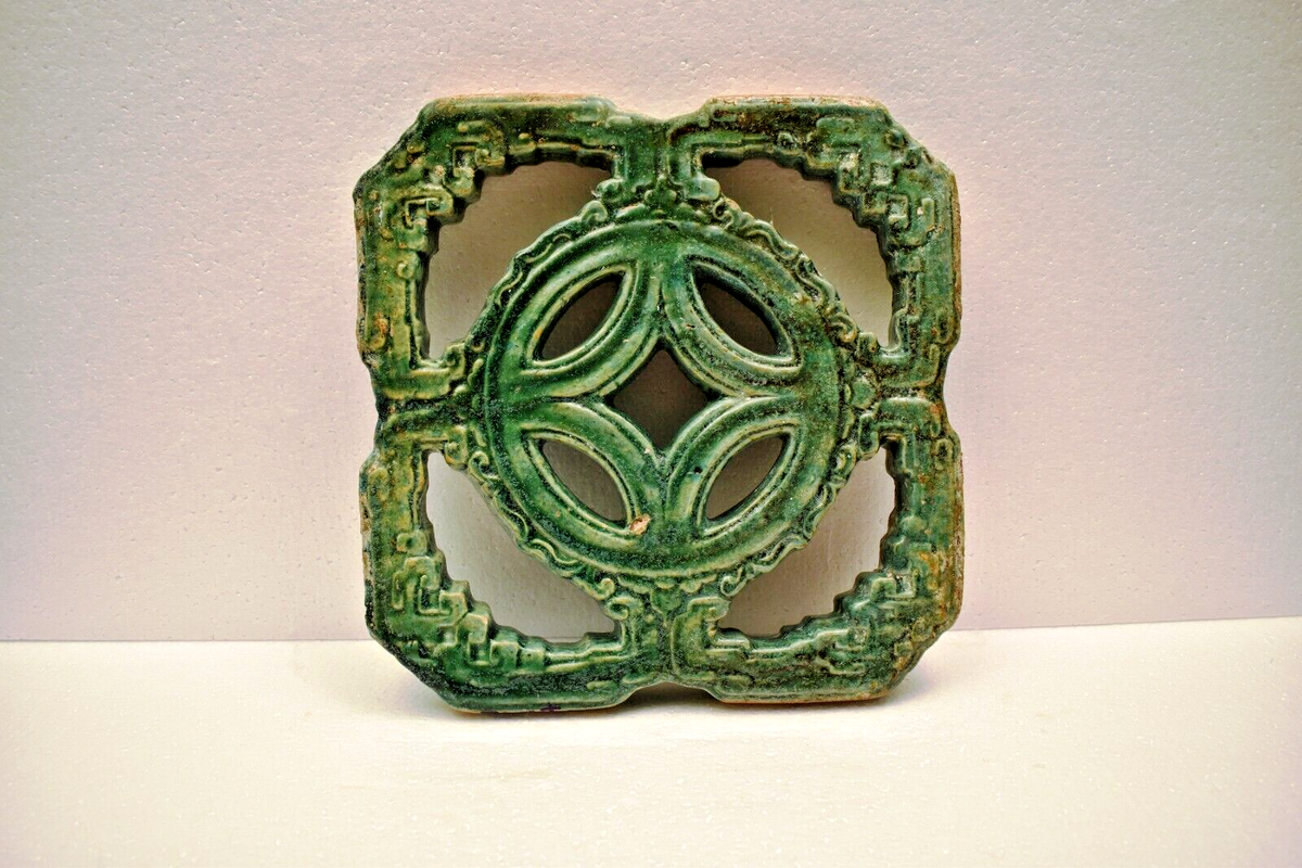 Antique Chinese Jade Breezeway Tiki Tile Architectural Panel Green