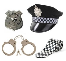 4pc Police Set Fancy Dress Accessories Cop Outfit (Cap Badge Handcuffs & Tie)