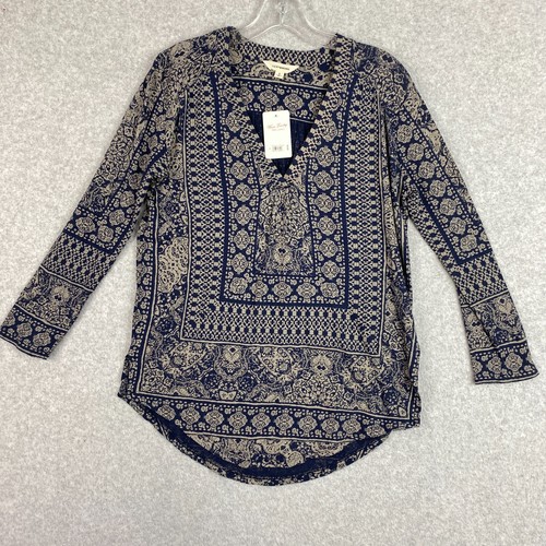 Lucky Brand Top Womens Small Navy Long Sleeve V Neck Knit Pullover Blouse NWT