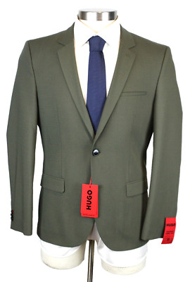 Hugo Sport Coat 38 S Men's Olive Solid Extra Slim Fit Arti Super Flex Wool Blend
