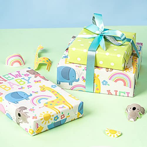 Reversible Baby Shower Wrapping Paper - Mini Roll - 17 Inch X 33 Feet - Animals