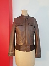 VINTAGE Real Leather BLOUSON Full Circle Jacket 8-10 Brown Pockets Retro Style 
