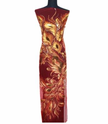 Large Long Sequin Peacock Applique Feather Embroidered 52'' Full Length Red Gold
