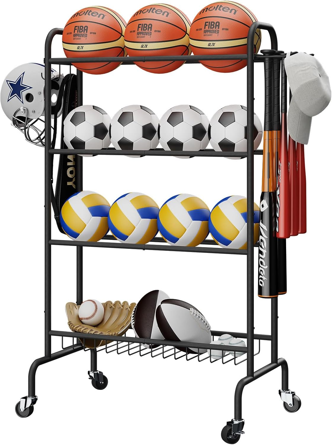 Basketball Rack, 4-Layers Rolling Ball Storage Rack with Wheels, Movable Garage