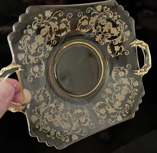Elegant Vintage Etched Yellow Janette Glass Plate Platter Dish With Handles 8x6” - Picture 2 of 6