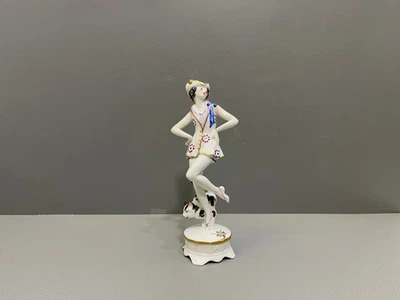 Volkstedt Figur Dame Frau Tänzerin mit Katze Gold Art Deco 1.Wahl H:20,8cm - Bild 1 von 4