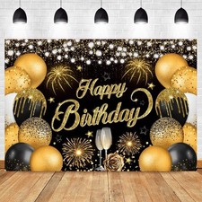 Black Gold Happy Birthday Backdrop, 10x6.5ft, Glitter Background, Men, Women