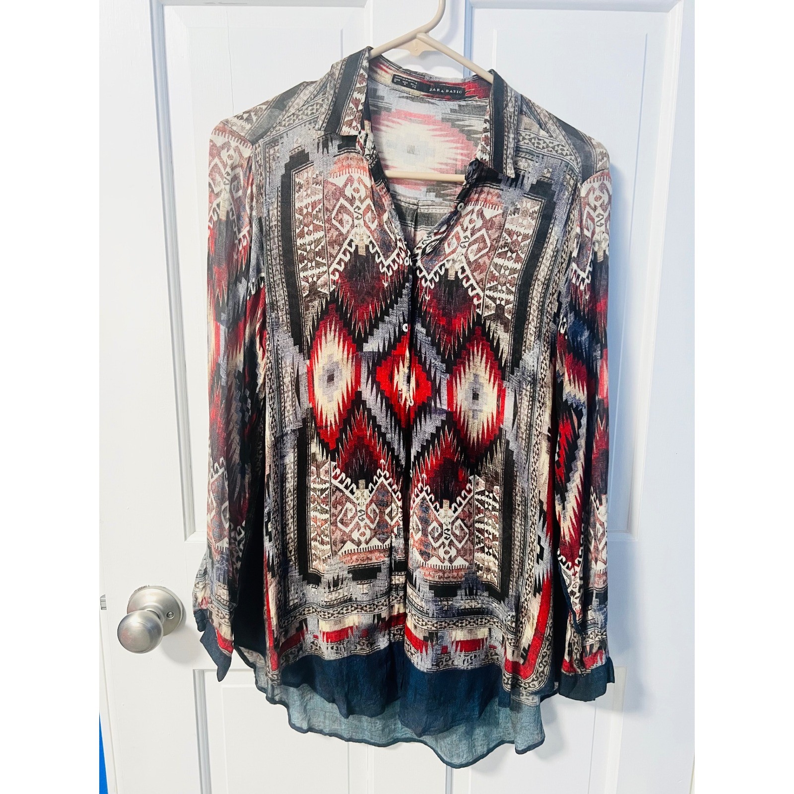 ZARA BASIC Geometric Print Button Up Long Sleeve … - image 3