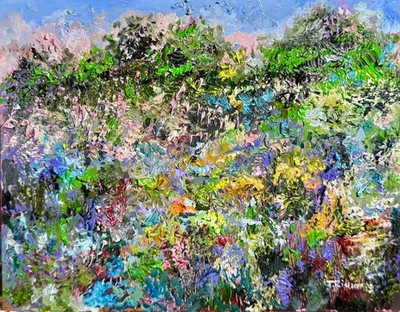 Sunset Forest Oil Painting, Original Art 8x10, Wildflower Field Landscape Flower