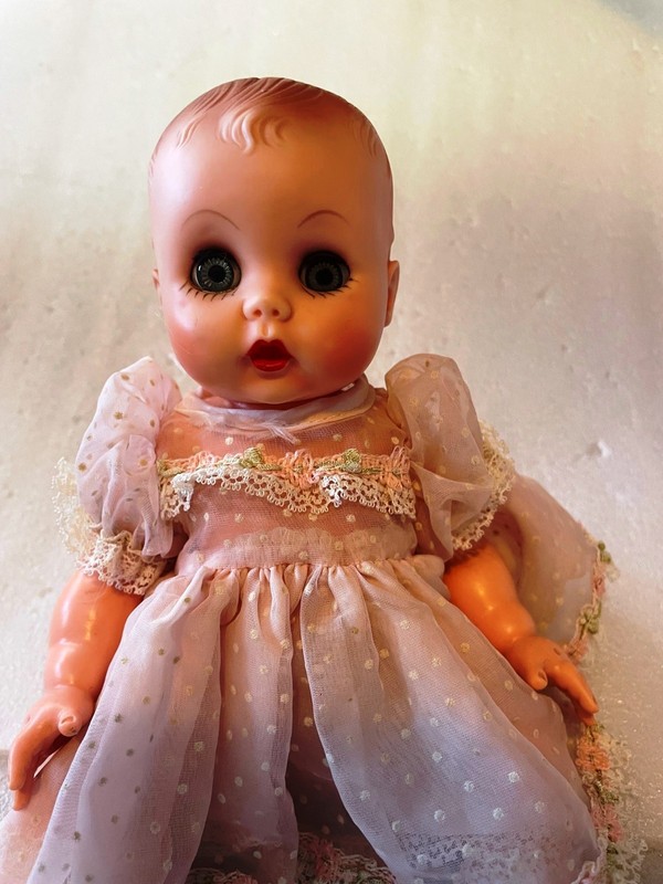 Vintage 9" Drink & Wet Baby Doll ~ Sleep Eyes, USA 10 Feet Mark — Pink Dot Dress