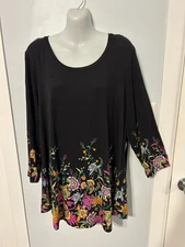 NWT JM Collection Deep Black Floral Stretchy Top with 3/4 Sleeve    Plus Size 2X
