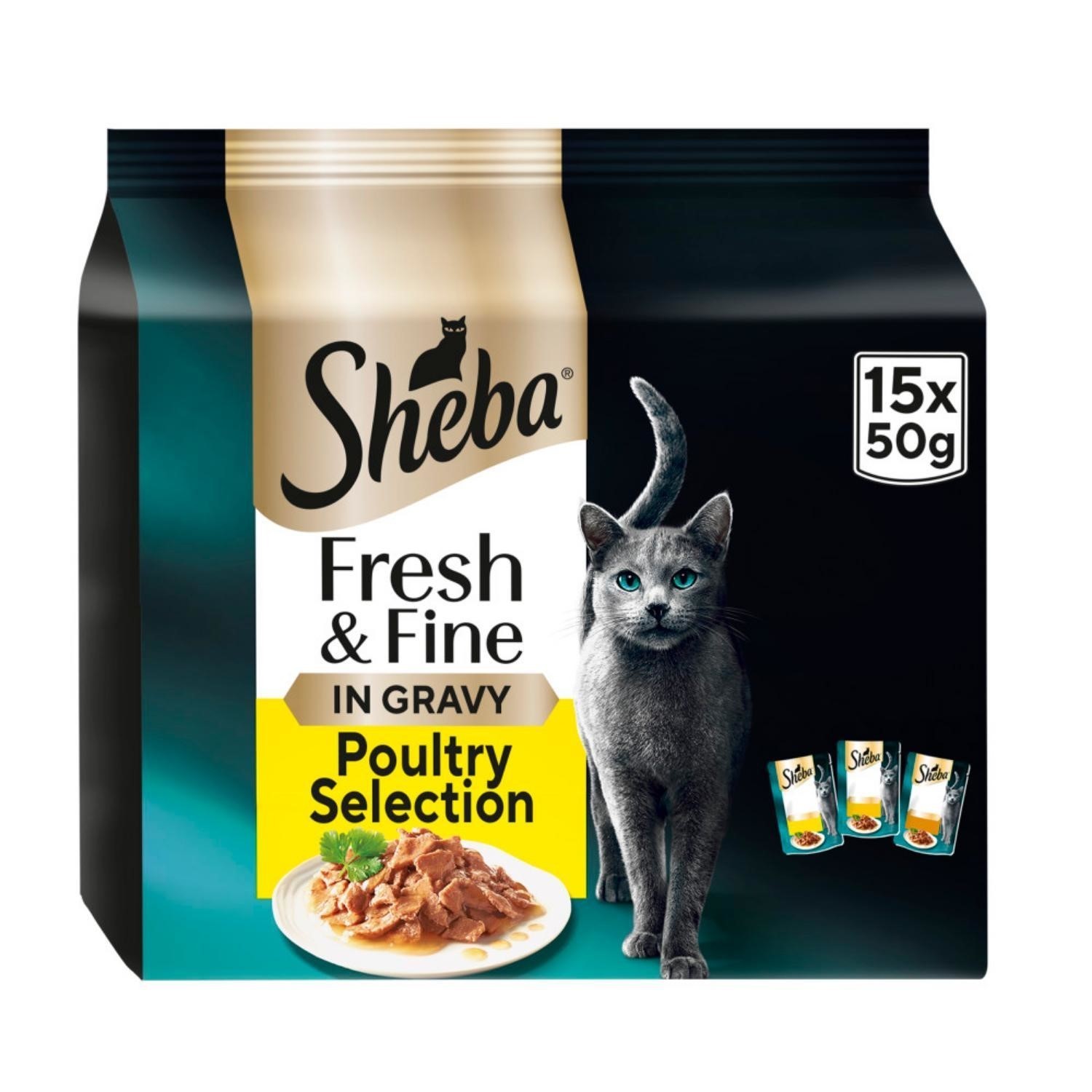 90 x 50g Sheba Fresh & Fine Adult Wet Cat Food Pouches Mixed Poultry In Gravy