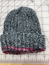 Hand Knit Hand Spun Hand Dyed Wool Child&rsquo;s Beanie Hat Black Gray Pink Handmade