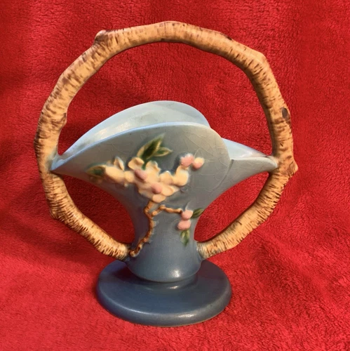 Vintage Roseville Apple Blossom Basket 309-8" Blue w/ Branch Handle