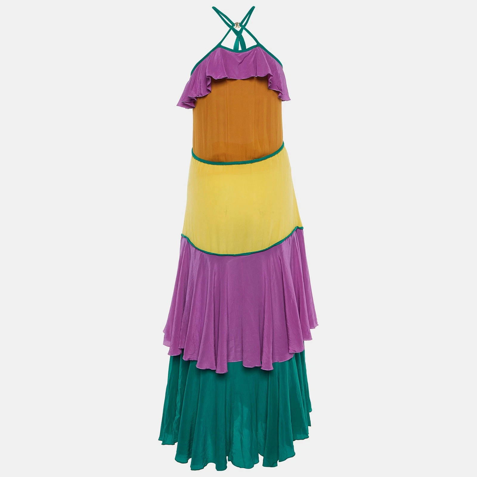 Abito lungo senza maniche Dsquared2 viola colorblock seta arricciato S