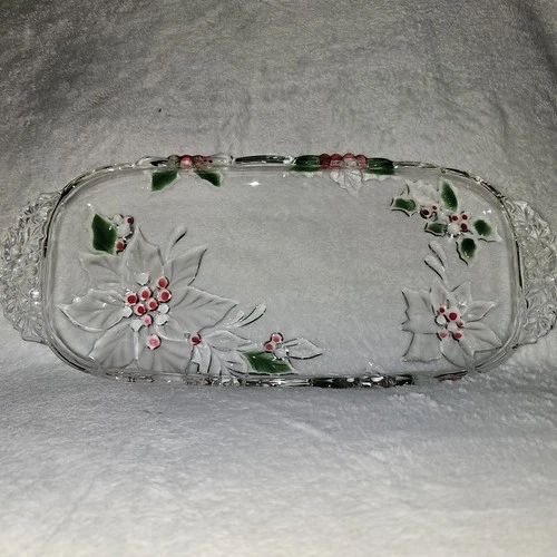 Mikasa Holiday Bloom Glass Canape Tray Poinsettias Handles