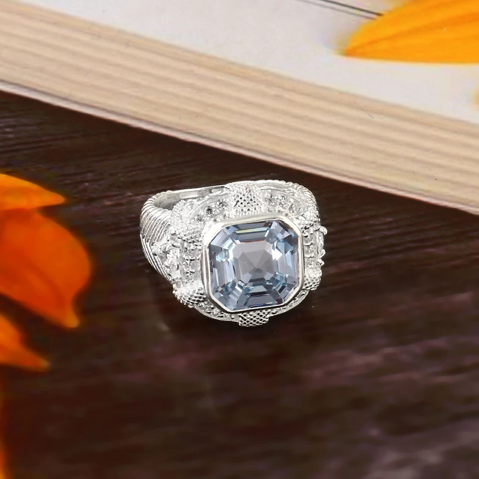 AAA Aquamarin Asscher Schliff Edelstein 11x11 MM, Sterling Silber Verlobungsring - Bild 3 von 4