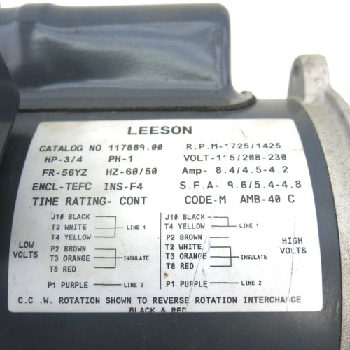 Leeson 117889.00 Electric Motor 3/4 HP 1725 Rpm 1PH 115/208-230 Volt 56YZ Frame - Picture 3 of 7