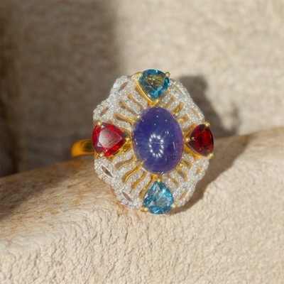Tanzanite Cabochon Ring, Diamond Halo, 14K Gold Plated , Blue Topaz Garnet Ring