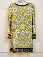 Nicole Miller Collection Dress S Silk Yellow Baroque Print Long Sleeve Mod Retro