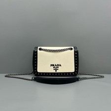 Prada White Black Grained Leather Two-Tone Studded Flap Chain Crossbody Bag AUTH