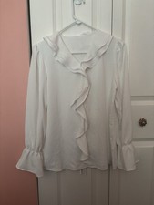 Ruffle V-Neck Long Sleeve Pullover Blouse White Solid S