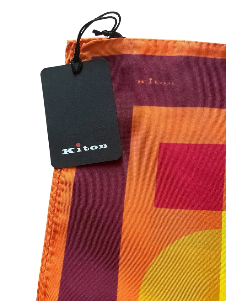 NWT Kiton Abstract Geometric Pocket Square – Orange Yellow Red 15x15 100% Silk - Image 3 of 4