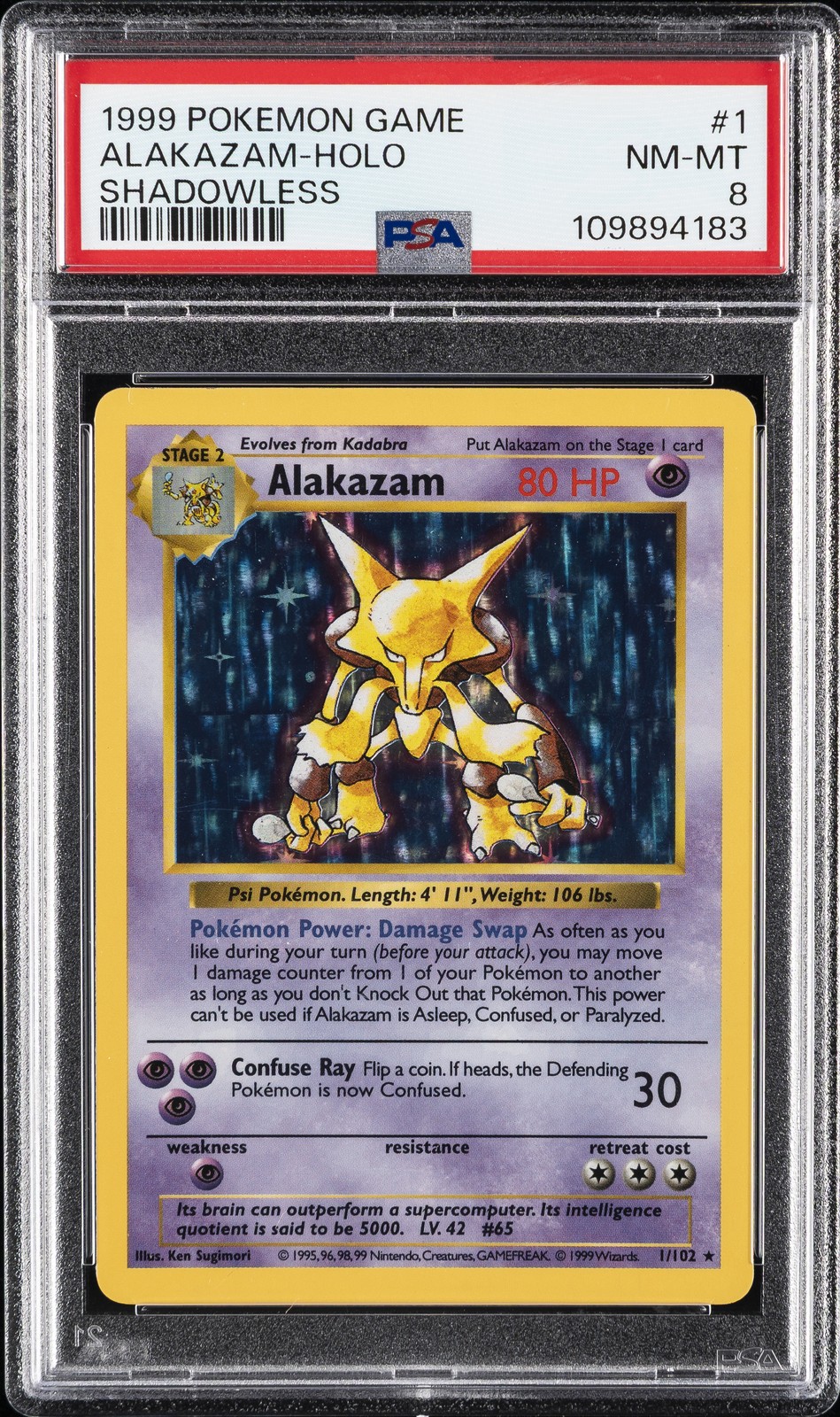1999 POKEMON BASE SET SHADOWLESS #1 ALAKAZAM-HOLO PSA 8