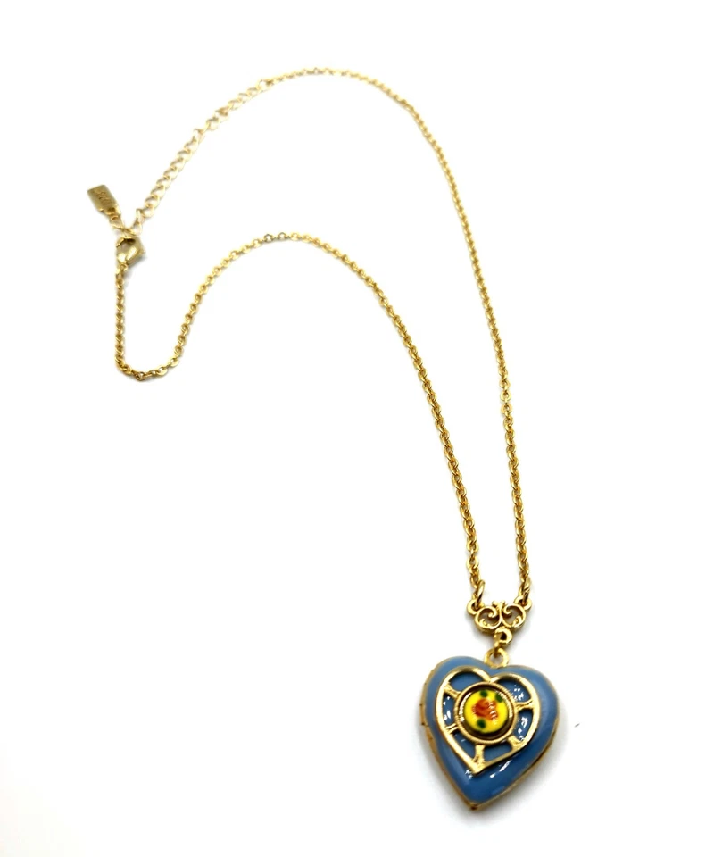 1928 Jewelry Blue Heart Enamel Picture Locket Pink Rose Pendant Necklace - Image 2 of 4