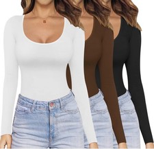 Womens 3 Pack Long Sleeve Shirts Scoop Neck Tops Stretch Fitted Undershirt Li...