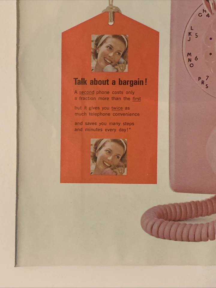 Teléfono Bell System 1965 anuncio impreso rosa giratorio teléfono de pared de colección años 60 etiqueta de ganga Foto 4 de 4