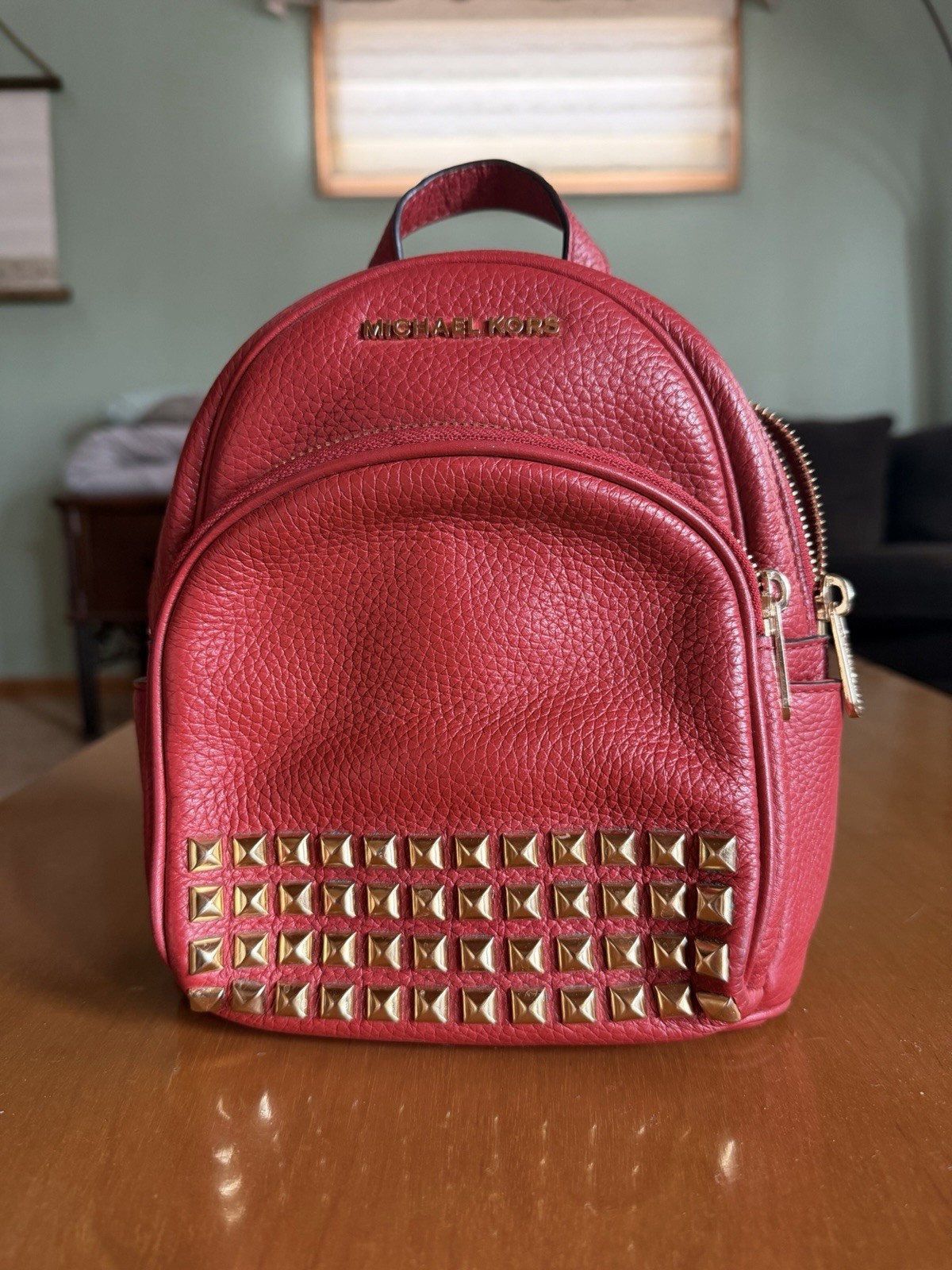 Michael Kors Red Studded Backpack with Detachable Strap, Gold Hardware, Small