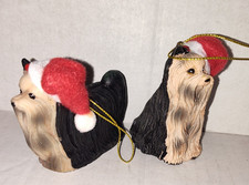 Pair of Yorkshire Terrier Christmas Ornaments w/ Santa Hats   Resin, 3"