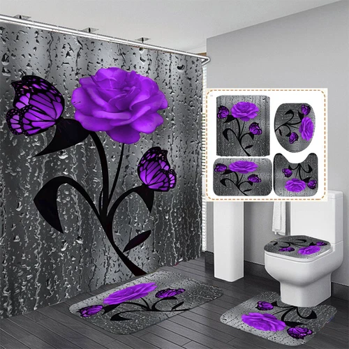 Red Rose Bathroom Non-slip Mat Set Waterproof Shower Curtain Toilet Bath Mat - Bild 29 von 40