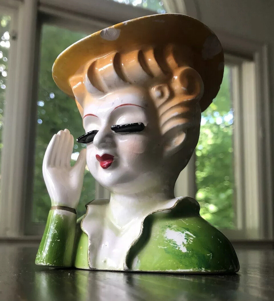 Vintage Woman Head Vase Planter Hat Hand Eyelashes MCM Ceramic Mid