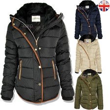 Womens Ladies Quilted Winter Coat Puffer Fur Collar Hooded Jacket Parka Size New
