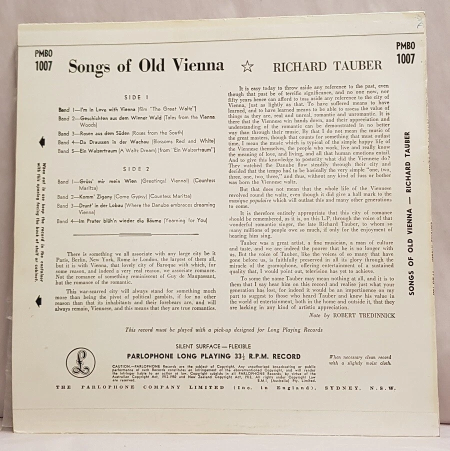 Vintage Parlaphone Odeon Richard Tauber ‎Songs Of Old Vienna LP 10" Vinyl c1970 - Image 2 of 4