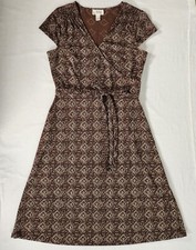 Ann Taylor Loft Size 6 Dress Cap Sleeve Tie Belt Geometric Brown Black Side Zip