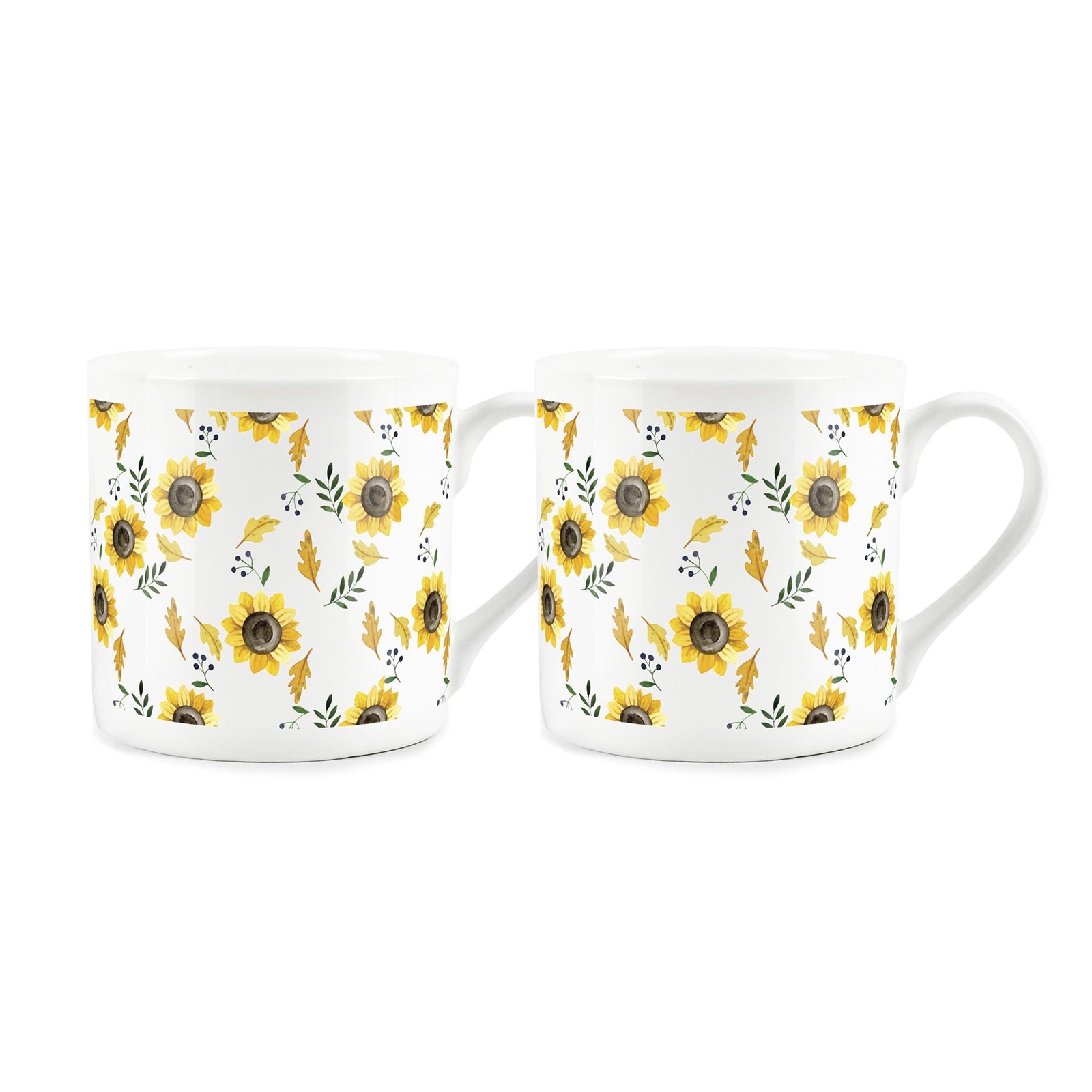 Sunflower Mugs - Bone China Yellow Floral Cups Gift - Set of 2