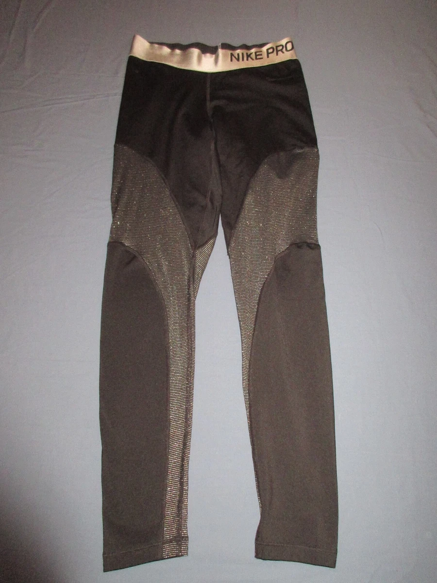 NIKE PRO WARM Womens Black Gold Silver Leggings Size Medium M