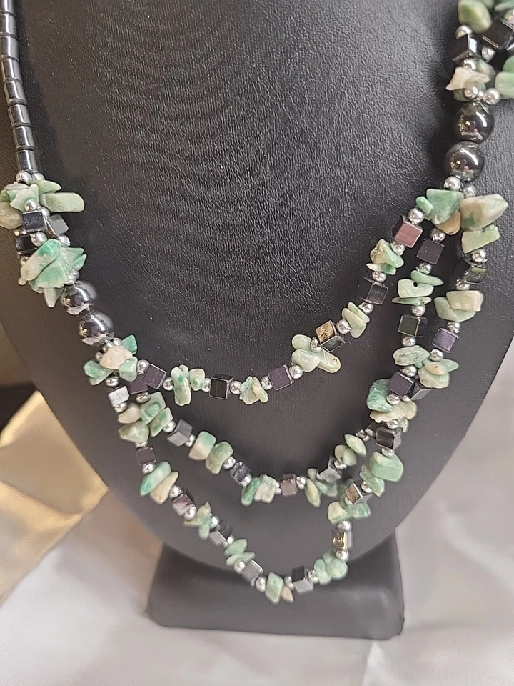 Y2k Triple Tier/ Tri-Strand Turqouise & Hematite beaded necklace, 18-21" [G22] - Image 2 of 3